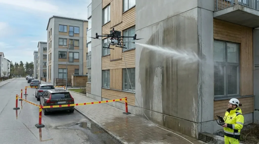 Drone_cleaning_building_facade_S…_202605010544 Limpieza con dron